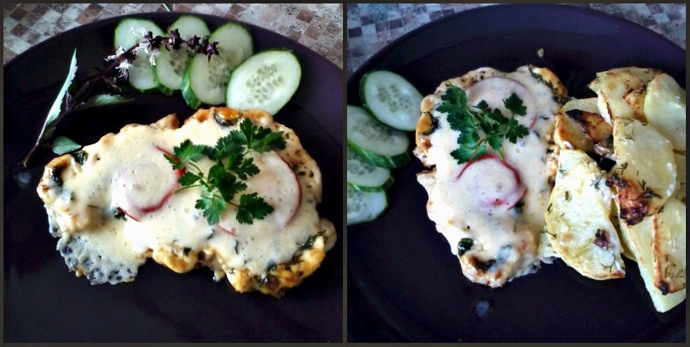 Нежная отбивная из к�риной грудки под овощами с сыром и оливками