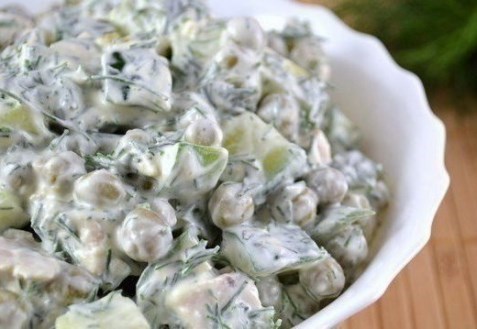 Салат с колбасой, зеленым горошком и огурцом — пошаговый рецепт приготовления с фото