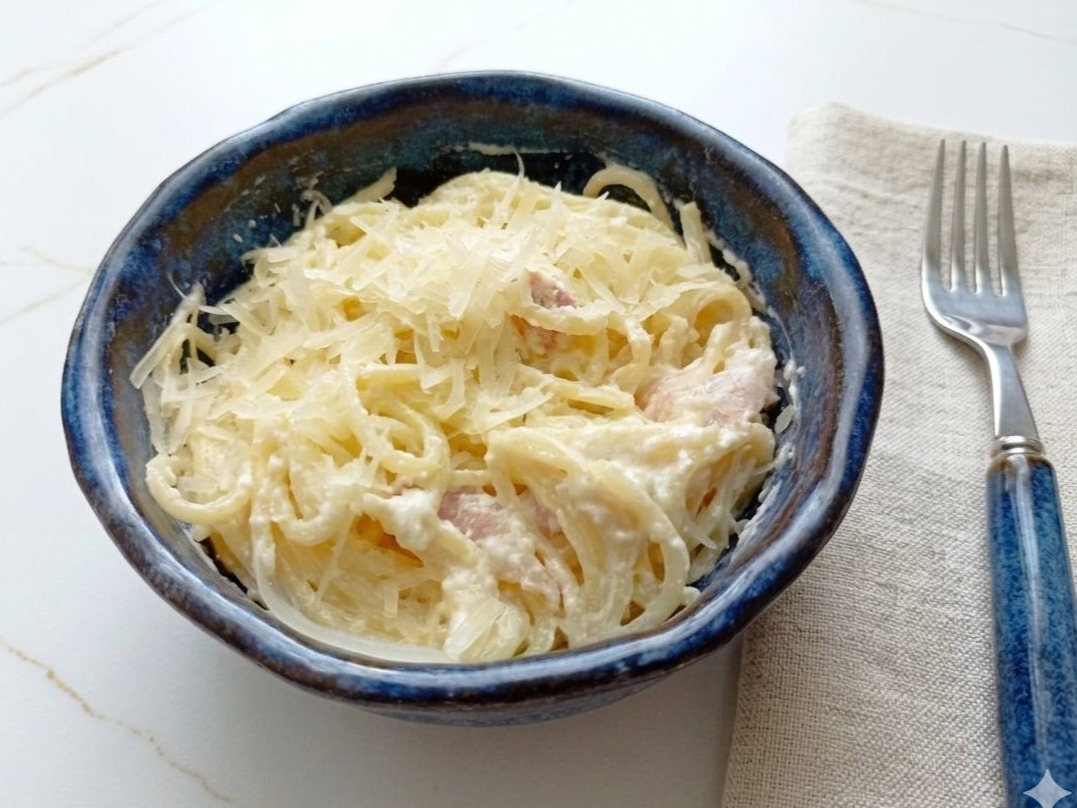 Паста карбонара с беконом и пармезаном